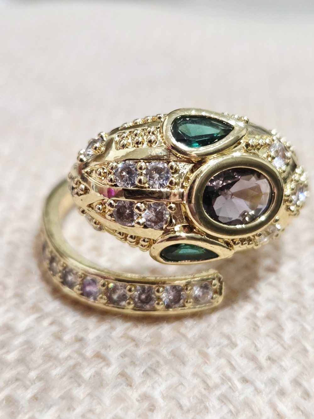 Gold-Tone Green and Purple Gemstone Wrap Ring